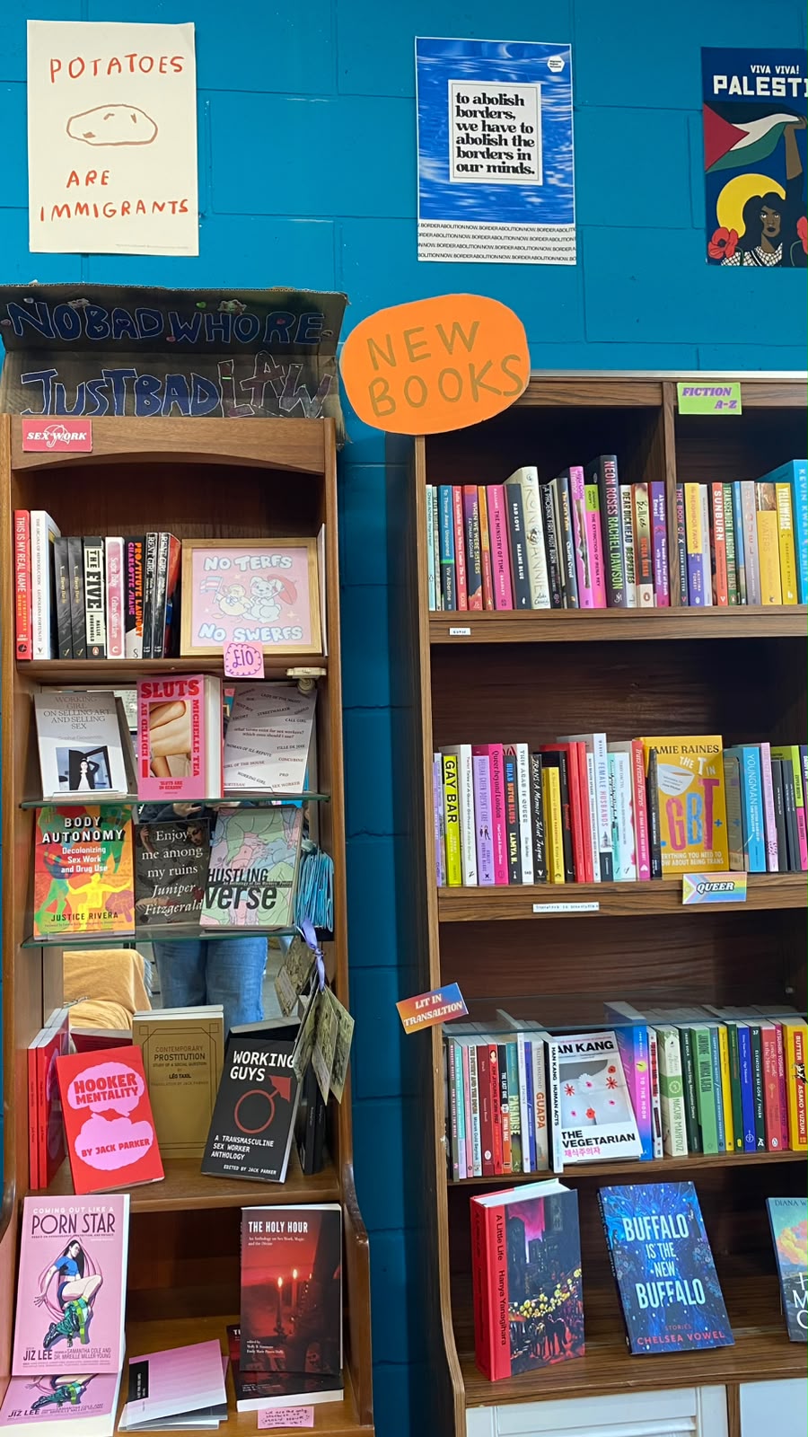 Bookshop shelves with a sex work section, queer books and activist posters