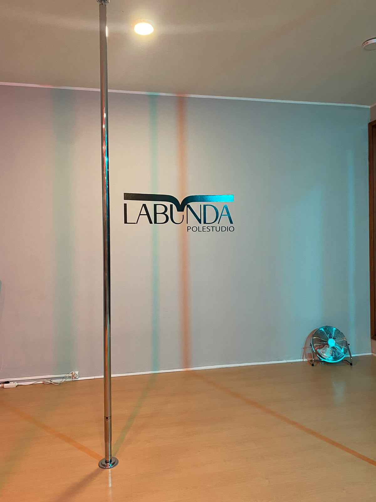 Pole dance studio with a single pole and the Labunda Polestudio logo on the wall